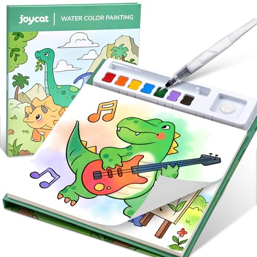 JoyCat Malbuch mit Wasserfarben, Dinosaurier und Fahrzeuge, Grün | Malset mit Wasserfarben für Kinder von 3 bis 8 Jahren, kreativer Kunst- und Bastelspaß für Reisen und als Geburtstagsgeschenk