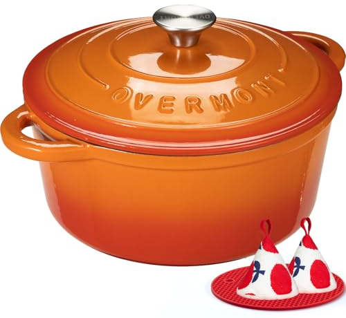 Overmont Casseruola in Ghisa Smaltata - Antiaderente Forno Olandese con Coperchio - Ø28 CM Rotonda Cocotte per Adatto a Piani di Cottura e Forni a Induzione - Arancio
