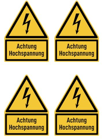 Aufkleber: 150x100 mm, 4 Stück - Achtung Hochspannung - Warnzeichen mit Text (deutsch) (gelb/schwarz) - Dreick - W012 - DIN EN ISO 7010 / ASR A1.3