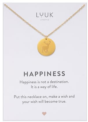 LUUK LIFESTYLE Halsketten mit Anhänger und Happiness Spruchkarte | aus wasserfestem Edelstahl, filigranes Design, moderner Damenschmuck, Geschenkidee, Silber, Gold, Rosé