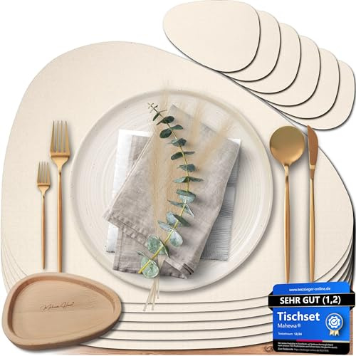 Mahewa® 6er Set Premium Tischset aus Kunstleder - Platzset abwaschbar und wasserdicht - Platzdeckchen Telleruntersetzer in Lederoptik (Cremebeige, Oval mit Halter)