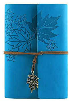 A6 Nachfüllbar Tagebuch Notizbuch, Vintage PU Leder Reisetagebuch Journal Skizzenbuch Ringbuch mit Blanko Kraftpapier und Ahorn Anhänger [Hellblau]