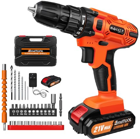 Power Drills Cordless Drill and Screwdriver Set 21V, 25+1 Torque Setting, 2X Li-ion Battery & Fast Charger, 2-Gear Handheld Combi Drill Driver for Drilling and Tightening/Loosening Screws - Orange
