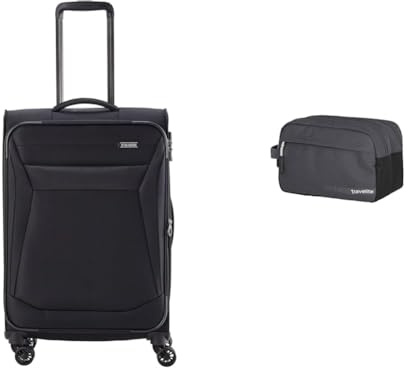Travelite 4-Rad Koffer Größe M Weichschale & Handgepäck Kosmetiktasche, Gepäck Serie Kick Off: Praktische Kulturtasche für Urlaub und Sport, 26 cm, 5 Liter, D'anthrazit