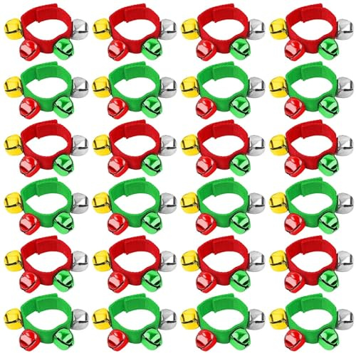 Augshy Glockenband Set, 24 Stück Weihnachts Armbänder Handgelenk Glöckchen mit Rot Grün Gold Silber Glocken Musikinstrumente für Weihnachtsgeschenke, Partyspielzeug