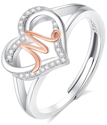 INFUSEU Anillo Iniciales, Plata de Ley 925 Anillos Abiertos Letras M Forma Corazón Nombre Inicial Alfabeto A-Z Joyería Personalizada Ajustable Regalos para Mujeres Damas Niñas