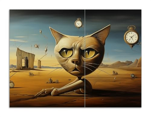 Wallario Herdabdeckplatte/Spritzschutz aus Glas, 2-teilig, 70x52cm mit 13 mm hohen Füßen, für Ceran- und Induktionsherde, Katze als Zeitwächter