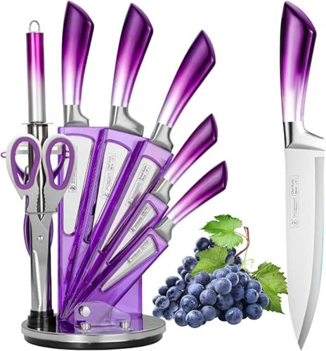 Kitchen Knife Set, 9 Pieces Professional Cooking Knife Set with Acrylic Block, Non Stick Sharp Stainless Steel Chef Knife Set with Ergonomic Gradient Handle for Women Girls (Purple)