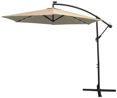 LED Cantilever Parasol 3m Beige Banana Hanging Umbrella 24 Solar Powered Cool White Lights 360 Rotation Tilt UV Garden Sun Shade Canopy Patio Protection Winding Crank FREE Waterproof Rain Cover…