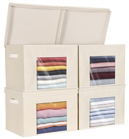 Syeeiex Groß Aufbewahrungsboxen mit Deckel, Faltbare Aufbewahrungsbox mit Deckel Stoff, Aufbewahrungskörbe für Kleidung, 43x30x30 cm, 4 Stück, Beige