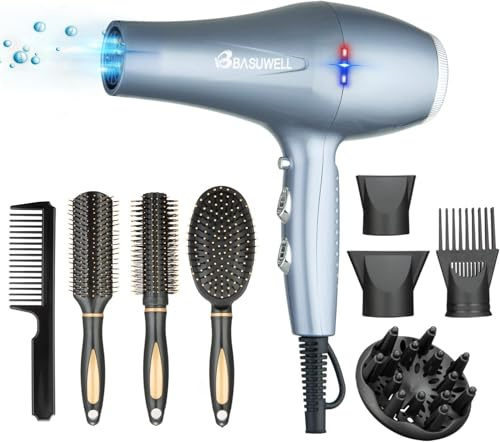 Sèche-cheveux professionnel Ion 2400 W Sèche-cheveux 3 chauffage 2 vitesses Sèche-linge infrarouge lointain Moteur AC à faible bruit avec diffuseur de sèche-cheveux (Gris argenté)