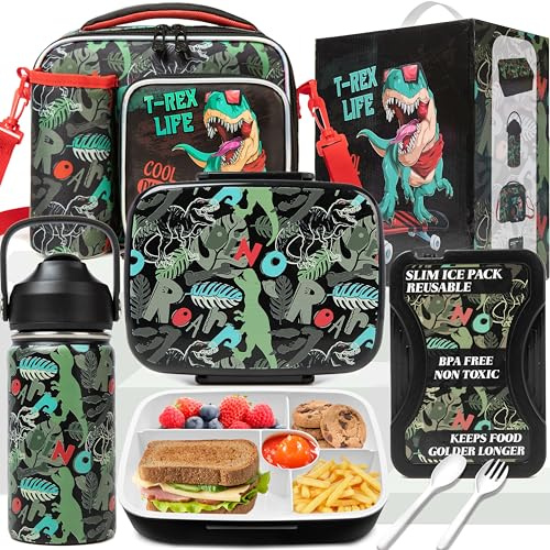 HTgroce Set pranzo con contenitore per il portamerenda bambina Dinosauro scuola e borraccia, borsa pranzo, ghiaccioli per borsa frigo