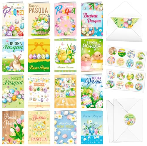 DPKOW 16 pezzi biglietti di Pasqua in italiano, biglietti di auguri di Pasqua con buste adesivi, bomboniere pasquali, biglietti regalo di Pasqua, coniglietto di Pasqua a forma di pollo