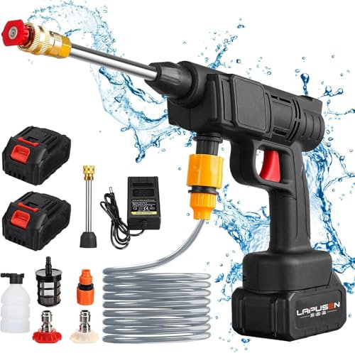 Nettoyeur Haute Pression sans Fil 30Bar, Nettoyeur Haute Pression sur 2 Batterie 6000mAh, Chargeur et Tuyau de 5M, 435 PSI Pistolet Haute Pression sans Fil pour Jardin et Voiture