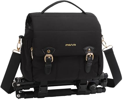 MOSISO Small Camera Bag for Photographers, Puffy Camera Shoulder Bag for DSLR/SLR Cameras, Padded Flap Crossbody Photography Handbag for Women with Tripod Holder&Rain Cover for Canon/Nikon/Sony, Black