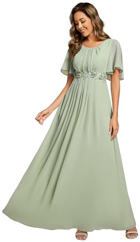 Ever-Pretty Robe de Soirée Femme Moussline Applique Col Rond Manches Courtes Cérémonie Verte Menthe 38
