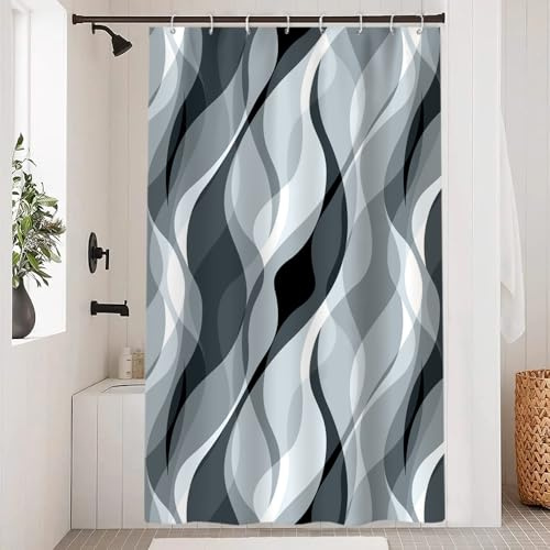 Uiiooazy Tenda Doccia Antimuffa 120x180cm Grigio Righe Blu Nebbia Sfumata | Tenda da Doccia Astratta Gradiente Striscia Nero Impermeabile Tessuto in Poliestere Lavabile per Vasca da Bagno con 8 Anelli
