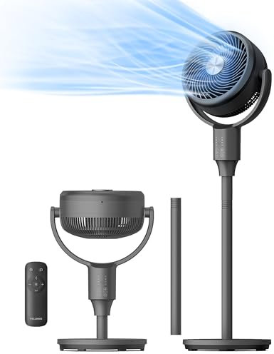 PELONIS Pedestal Fan, Air Circulator, 22ft/s, OmniFlow (135°+90°Auto Oscillation), 23 dB Quiet Floor Fan with 3 Speeds, Remote, 7H Timer, Memory Function, Adjustable Height, Standing Fan for Bedroom