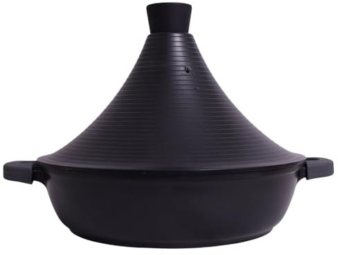 Tajine Tous Feux dont Induction - Piatto Tajine Marocchino, 28 cm, pentola tajine con coperchio in alluminio antiaderente, colore: Nero
