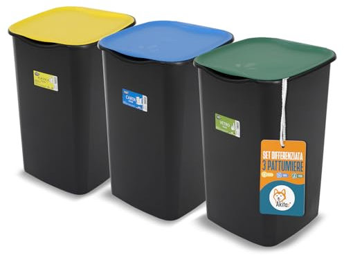AKITAInk - Set 3 Pattumiere Differenziate AKIJAZZ3, Secchio Pattumiera 3 Bidoni da 50 litri – Organizza la Raccolta con Stile e Funzionalità