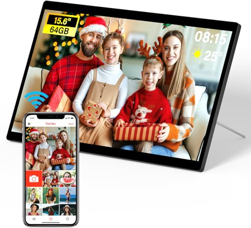 WiFi Digitaler Bilderrahmen 15,6 Zoll, 64 GB Speicher Intelligente Digitale Bilderrahmen IPS HD Touchscreen mit Auto-Rotate, Fotos oder Videos über Frameo App teilen