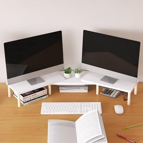 FHPEWXDG Weißer Dual-Monitor-Ständer, längenverstellbares Eckregal aus Holz für den Schreibtisch, überlappendes Schreibtisch-Organizer-Regal für Laptop/Bildschirm/PC
