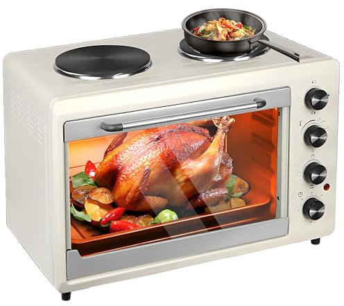 Mini Four 2000w, Cuisinière De Comptoir électrique 56l avec Gril Et Double Plaque De Plaque à Chaud, 360 ° Pair De Cuisson, Température Réglable Et Minuterie, Arrêt Automatique, Fours à Grill à