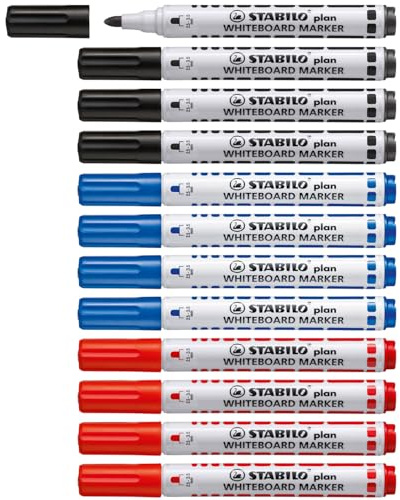 STABILO plan Whiteboard-Marker, Rundspitze (Schwarz, Blau, Rot, 12 Stück)