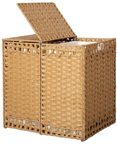 130L Foldable Laundry Hamper with Lid - Handwoven Rattan Storage Basket, 2-Section Clothes Hamper w/2 Removable Liner Bags, Easy Assembly, Portable for Bedroom Bathroom Dorm,Natural