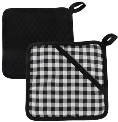 Silicone Pot Holders With Pockets,2 Pieces Anti-Slip Ribbed Potholders For Kitchens,Cotton Heat Resistant Potholder,For Kitchen Cooking And Baking(Black)
