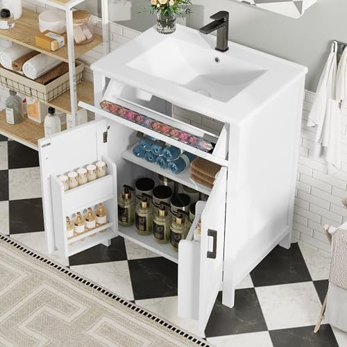 FAYICIC 60 x 46 x 84,8 cm, mobile da bagno con lavabo, laccatura completa, doppia porta, pratici cassetti, lavabo in ceramica integrato (bianco)