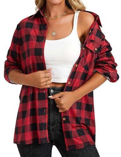 Enmain Chemise à Carreaux Femme Décontractée Manches Longues Classique Blouses Boutonnées