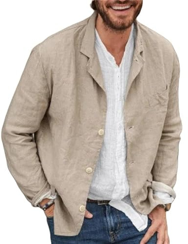 Genérico Chaqueta Americana Hombre, Chaqueta Blazer Informal para Hombre, Chaqueta Deportiva, Camisa De Lino Y Algodón, Cárdigan Ligero Y Liso con Botones, Corte Holgado, M
