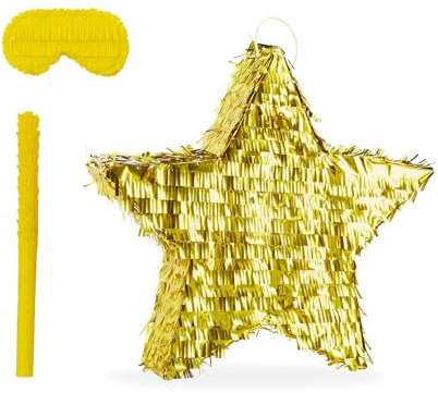 Relaxdays Piñata étoile Brillante pour Enfants, avec bâton et Masque, à remplir, 43 x 45 x 9 cm, dorée