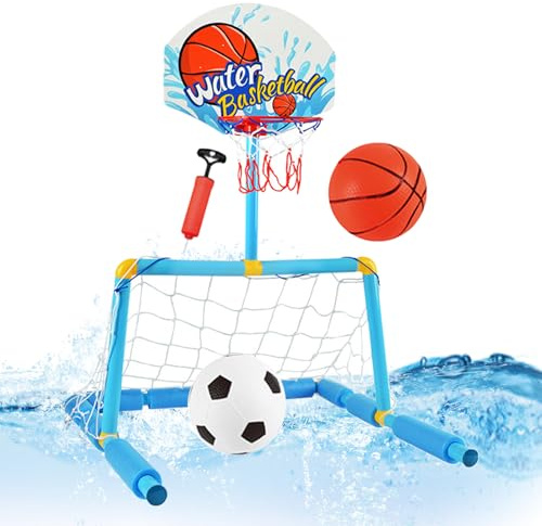 Weqizuerqi Basketballkorb für Pool, Fußballtor, Wasserspiel, 2-in-1, interaktiver Basketballkorb mit 2 Bällen und 1 Pumpe für ab 4 Jahren, Verwendung im Innen- und Außenbereich