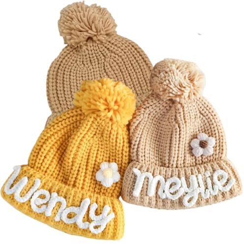 ECOVOYGGE Personalisierte Babymützen mit gewebtem Namen, benutzerdefinierte gestrickte Kinder Wintermütze Bestickte Thermo Baby Beanie Mütze für Winter Herbst 0-5 Jahre Neugeborene Baby Geschenke 6