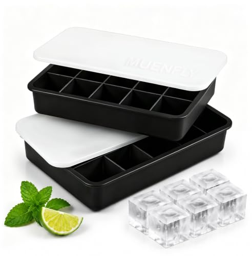muenfly Eiswürfelbehälter Silikon 2er Set mit Deckel, 30 Eiswürfel | BPA-frei, spülmaschinenfest, stapelbar, 3x3 cm Würfel, praktische Eiswürfelform für Cocktails, Whisky, Party & Alltag
