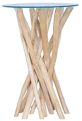 Teenpull Couchtisch mit Glasplatte 35x35x50 cm, Massivholz Teak, handgefertigt, runder Beistelltisch für Wohnzimmer, einzigartige Holzmaserung