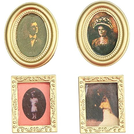 Papel pintado para casa de muñecas, juego de 4 marcos de fotos para casa de muñecas, cuadros de pared de arte victoriano, escala 1/12, accesorios, pinturas impresas, marcos dorados, juego de muebles