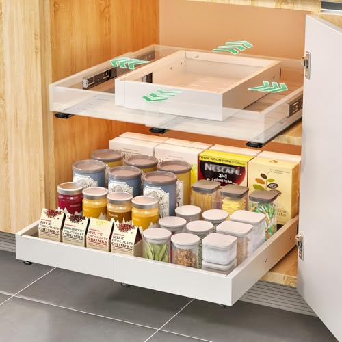 2 Stück Teleskopschublade, 4-fach verstellbare ausziehbare Schublade Küche, Küchenschrank Organizer & Schubladen Organizer, ohne Bohren und Nägel (Weiß(2 Stück) 32-48.5cm Breite, 42-58cm Tiefe)