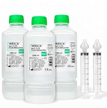 Sérum Physiologique NaCl 0,9% pour Irrigation, 1000 ml, Lot de 3 Bouteilles avec 2 Seringues Nasales, Lavage Nasal et Oculaire, Hygiène Nez Bébé Enfant Adulte