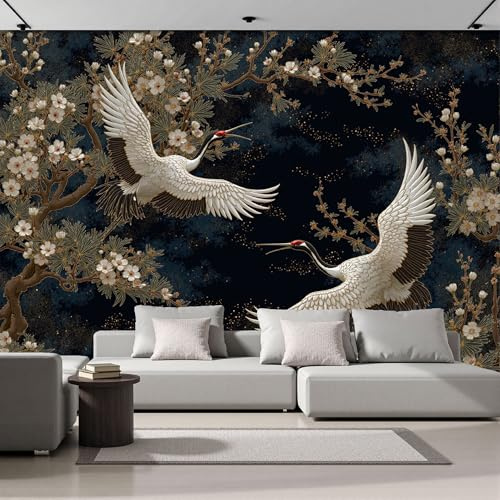 Panorama Carta Da Parati Fiori Di Gru Rami E Foglie 200x140cm, Tessuto Di Seta Carta Parati Stile Orientale Tradizionale, Fotomurale Moderna Decorazione Da Parete per Camera Da Letto Soggiorno