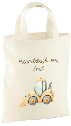 Elefantasie Personalisierte Freundebuch Tasche mit Namen, Baumwolle Stofftasche, Motiv Fahrzeug, Natur, 26x32 cm