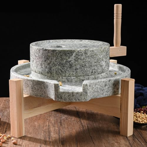 Molino de Grano de Piedra Natural, Molinillo de Piedra Tradicional Hecho a Mano, con Base y Mango de Madera, Para Moler Harina, Granos y Especias en la Cocina del Hogar