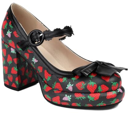 Scarpe Donna Mary Jane Heels Chunky Platform Pumps Cute Strawberry Print Pois Color Block Fiocco Retro Lolita Style Comfort Scarpe Eleganti per Cosplay Festa Daily Wear Casual Fashion