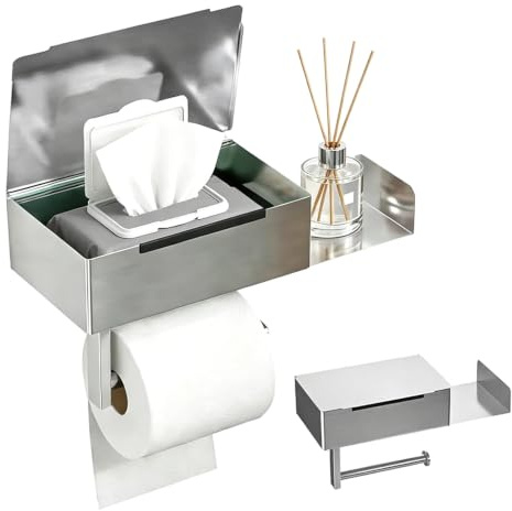 Toilettenpapierhalter mit Feuchttücherbox, Klopapierhalter ohne Bohren Klorollenhalter mit Ablage, Rollenhalter Selbstklebend Oder Bohren, für Toilette Badezimmer Küche, Edelstahl