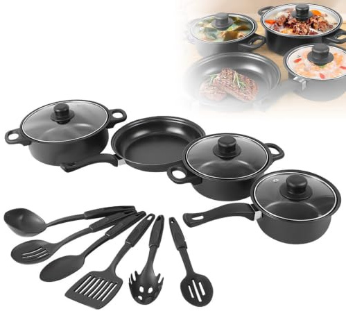 Batería de cocina, cacerola y sartén de inducción, 13 piezas antiadherentes (13 piezas) | Sartén profunda con tapas (16/18/22 cm), sartén de 22 cm, 6 cucharas, mango extraíble, compatible con todos los fuegos