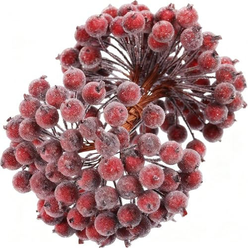 Tatuo 400 Pcs Dark Red Berries Stems 12 mm Artificial Frosted Holly Berries for Christmas Tree Decor Rustic Fake Simulation Mini Berry Fruit for Christmas Wreath DIY Craft Xmas Party Supplies