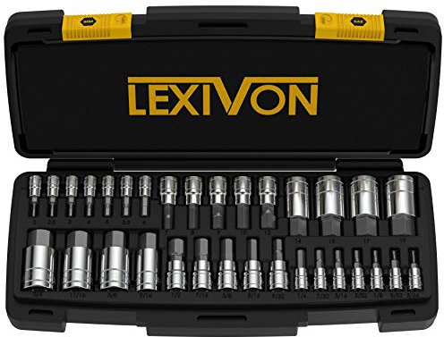 Set Complet de 32 Douilles à 6 pans intérieurs, mâles | métriques taille de 2mm à 19mm | SAE Impériales taille de 5/64’’ à 3/4’’, Jeu de hex douilles à embouts, entraînement 1/4 3/8 1/2 (LX-144)
