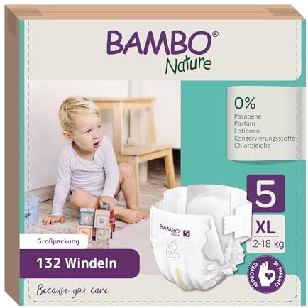 Bambo Nature Hypoallergenic Baby Diapers, Eco-Labeled Diapers, Enhanced Leakage Protection, Totally Chlorine-Free, Skin Friendly, and Super Absorbent - Size 5 (132 Count)